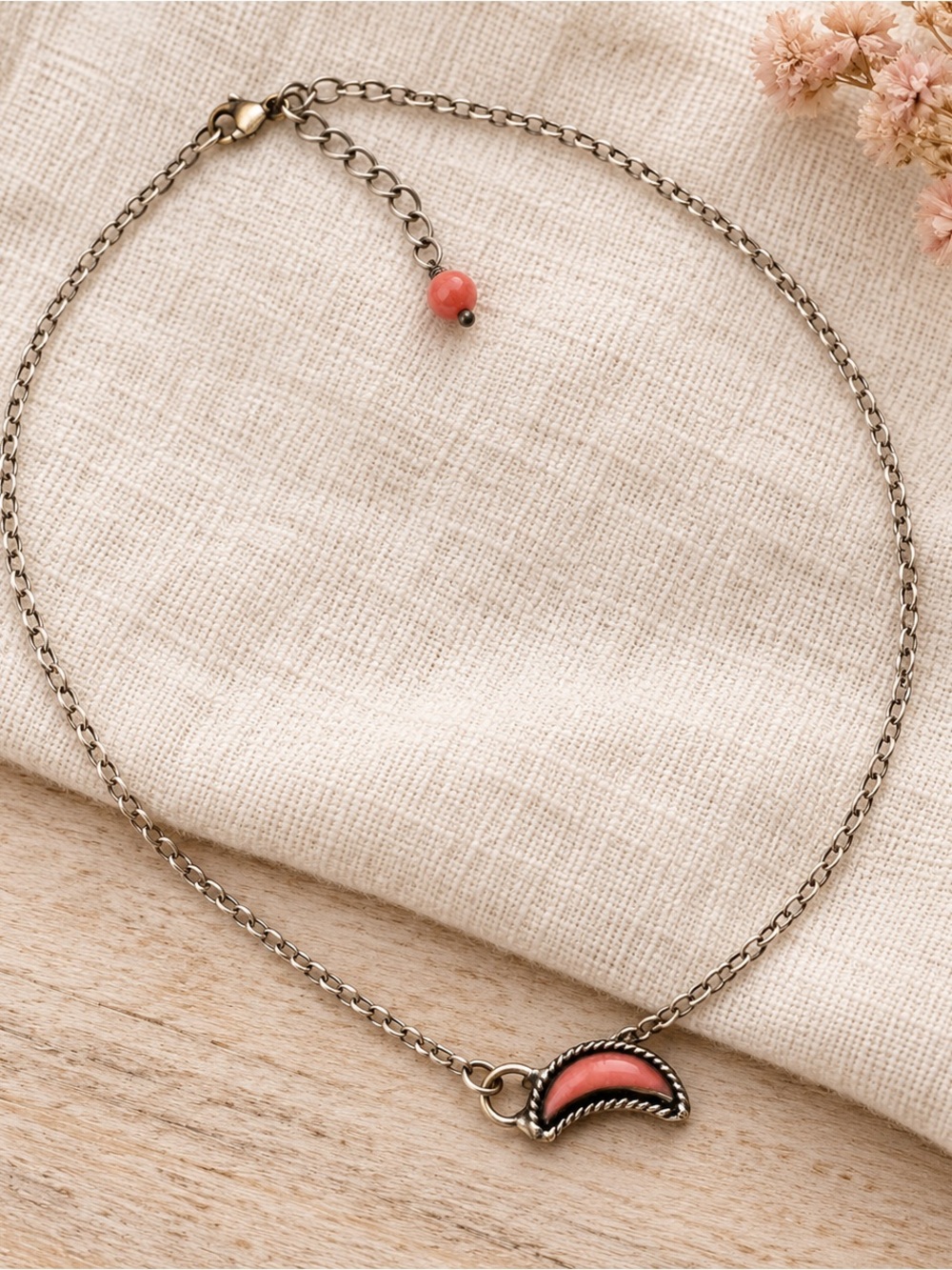 Coral Crescent Pendant Necklace – 16” Adjustable